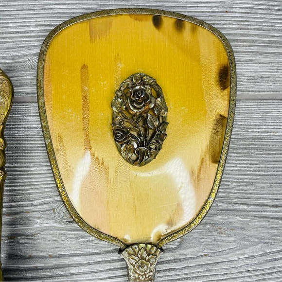 Rare 1950s Matson Vanity Hand Mirror Hair Brush Set rose flower 24k Gold Plated - Picture 3 of 16